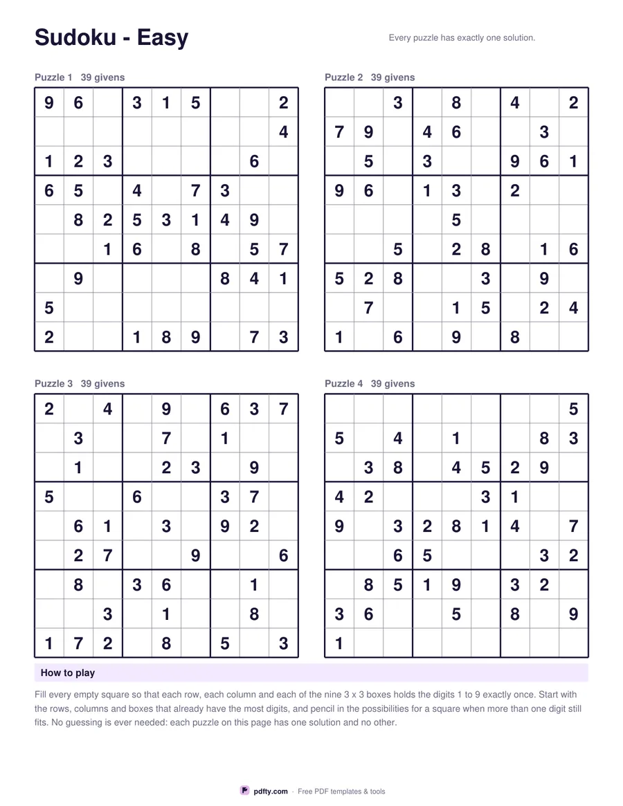 Printable sudoku sheet with four 9x9 puzzles and a how to play note