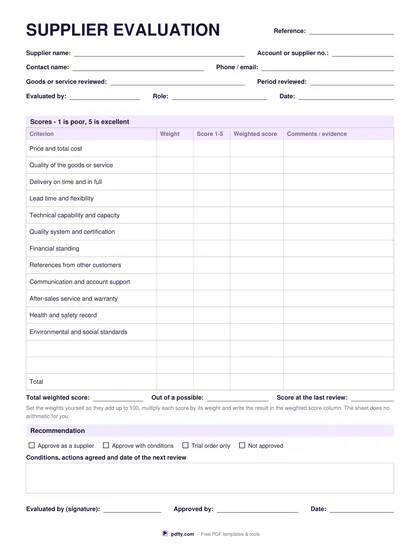 Printable supplier evaluation form with weighted criteria, scores and a recommendation