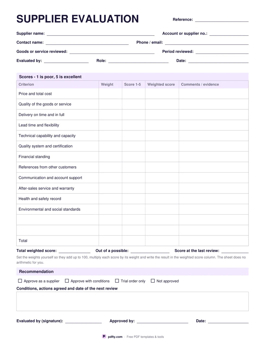 Printable supplier evaluation form with weighted criteria, scores and a recommendation