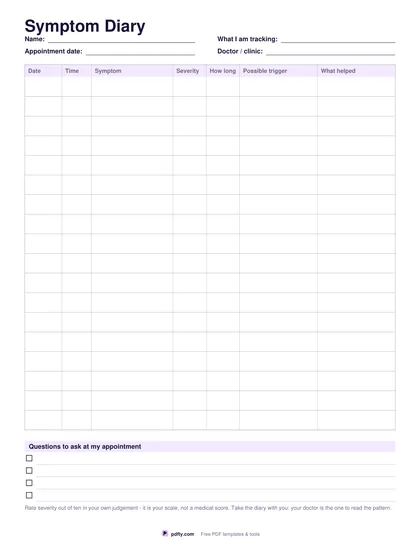 Printable symptom diary with date, time, symptom, severity, trigger and what helped