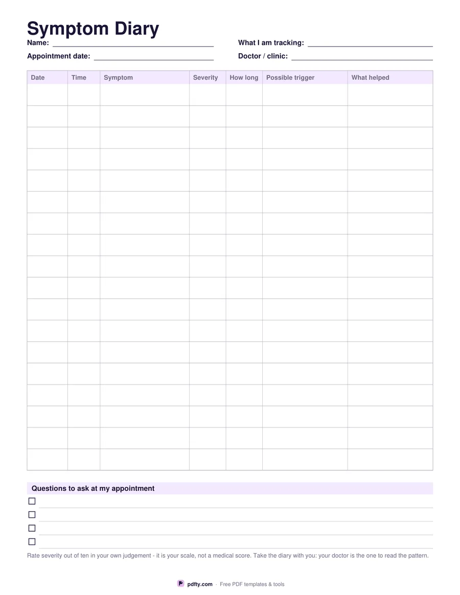Printable symptom diary with date, time, symptom, severity, trigger and what helped