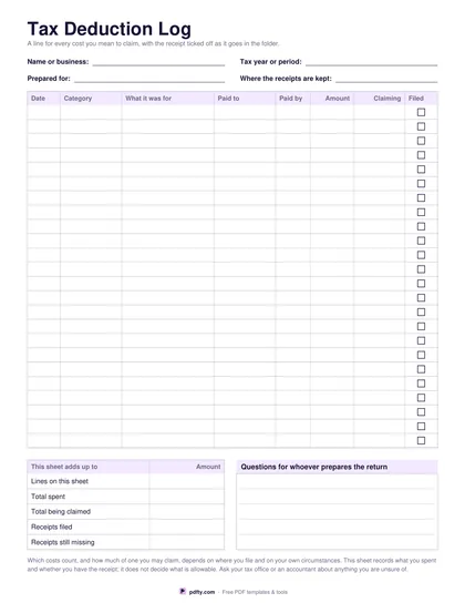 Printable tax deduction log with date, category, amount and receipt filed column