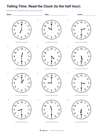 Telling time worksheet with twelve analogue clock faces to read