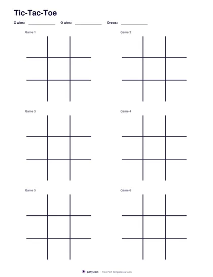 Printable tic-tac-toe sheet with six numbered grids and a score tally