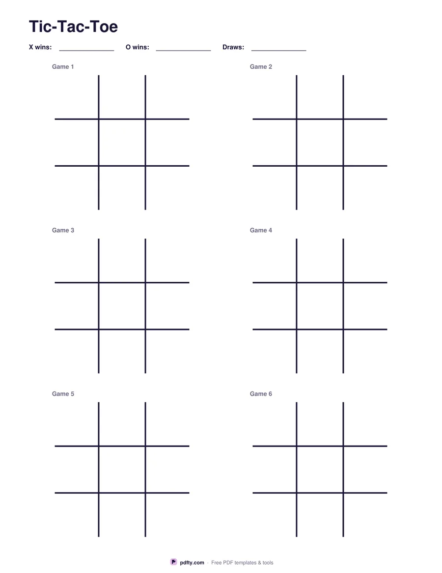 Printable tic-tac-toe sheet with six numbered grids and a score tally