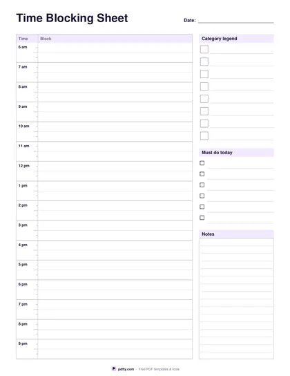 Printable time blocking sheet with an hour ruler, wide block column and colour legend