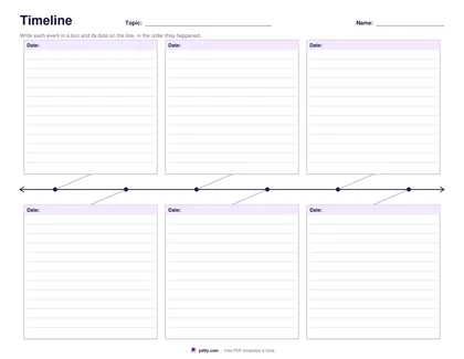 Printable blank timeline worksheet with event boxes above and below the line