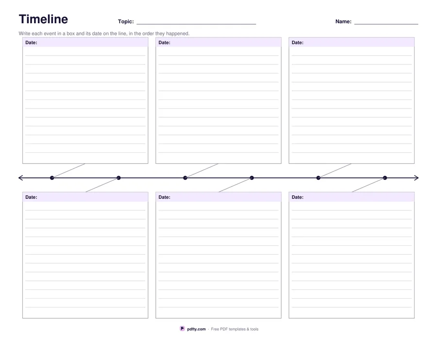 Printable blank timeline worksheet with event boxes above and below the line