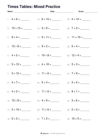 Printable times tables worksheet with 36 problems