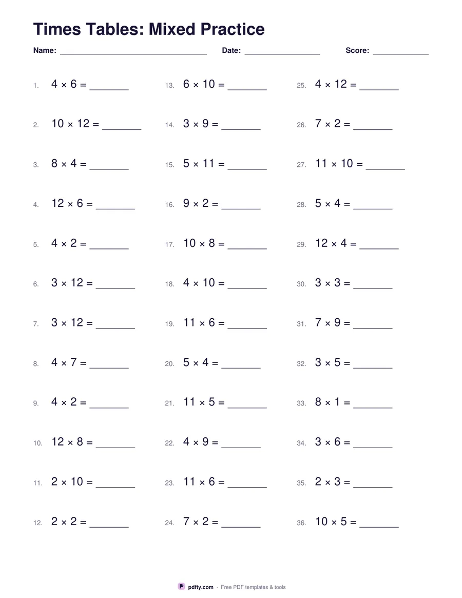 Printable times tables worksheet with 36 problems