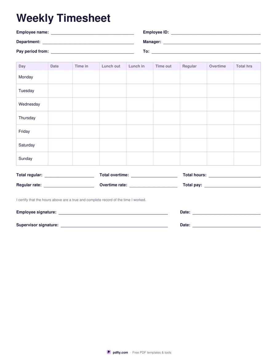 Printable weekly timesheet template