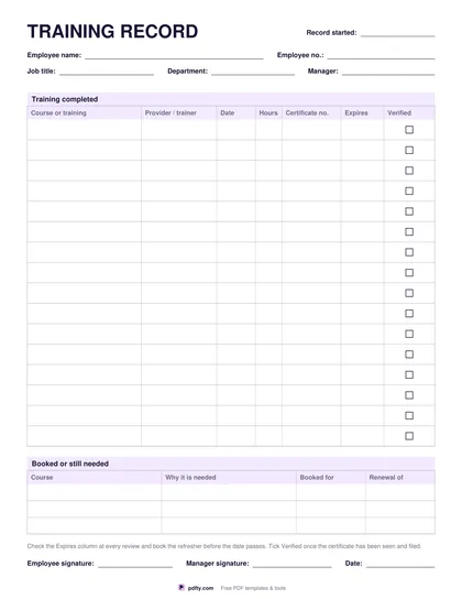 Printable employee training record with course, provider, hours and certificate expiry columns