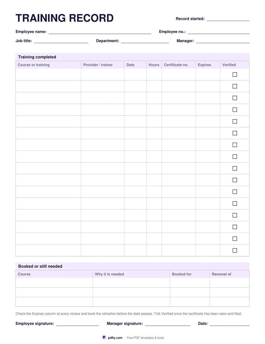 Printable employee training record with course, provider, hours and certificate expiry columns