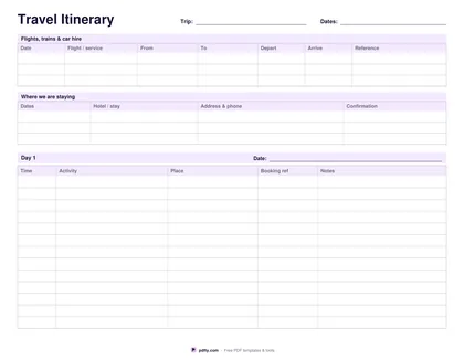 Printable travel itinerary with flights and hotels tables and a day-by-day schedule