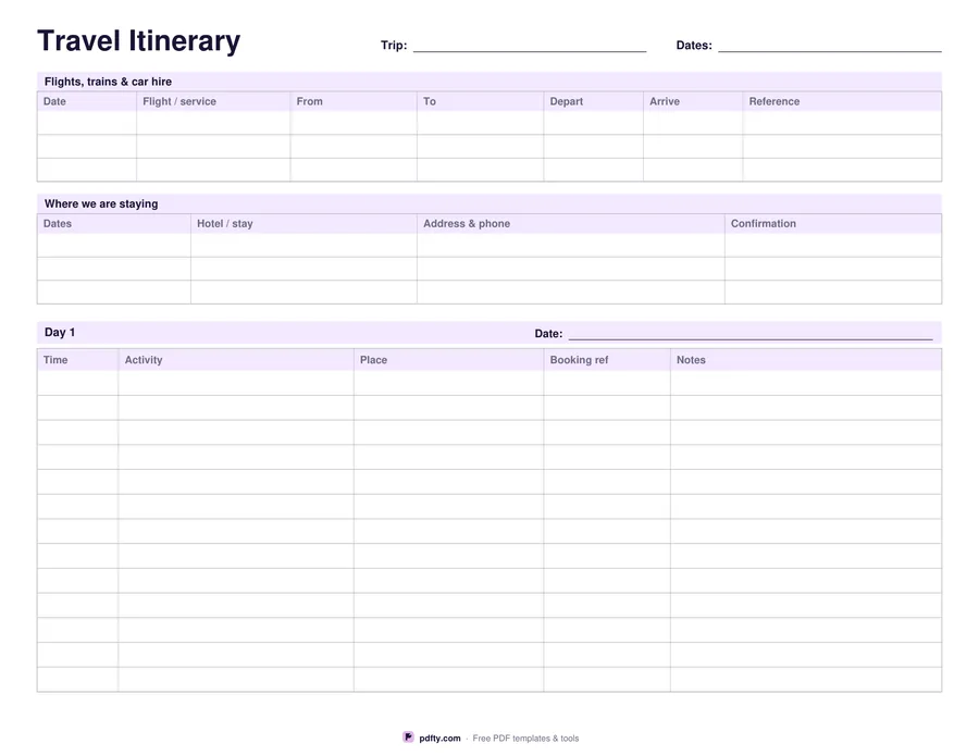 Printable travel itinerary with flights and hotels tables and a day-by-day schedule