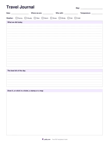 Printable travel journal page with date, place, weather boxes, ruled lines and a sketch box