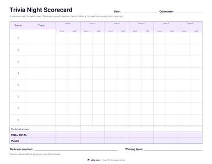 Printable trivia night scorecard with teams across and rounds down