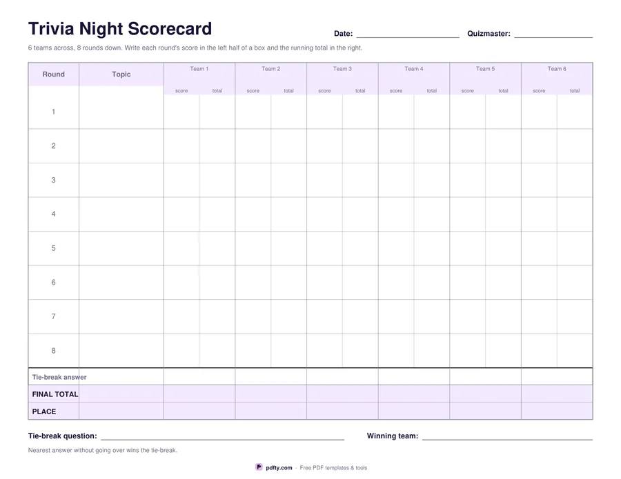 Printable trivia night scorecard with teams across and rounds down