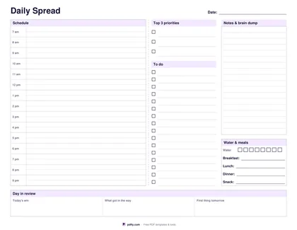 Printable two-page daily spread with an hourly schedule, to-do lists and a review strip