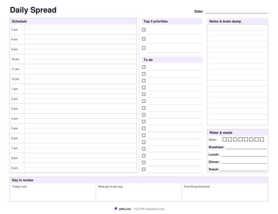 Printable two-page daily spread with an hourly schedule, to-do lists and a review strip