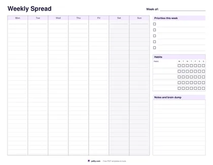 Printable undated weekly spread with seven day columns, priorities, a habit grid and notes
