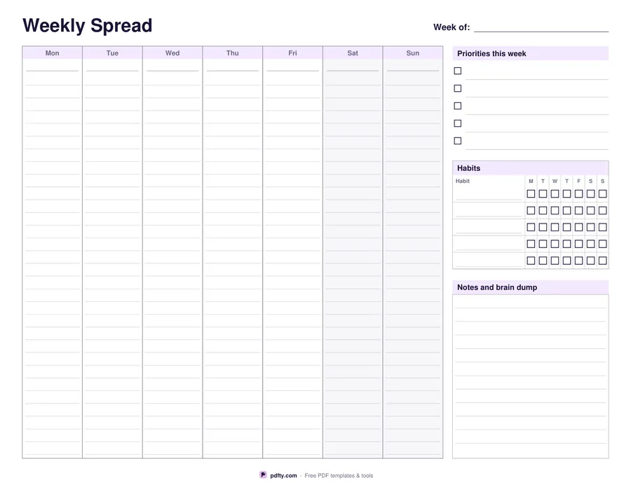 Printable undated weekly spread with seven day columns, priorities, a habit grid and notes