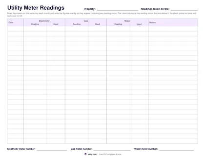 Printable utility meter reading log with reading and used columns