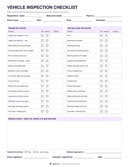 Printable vehicle inspection checklist with walk-round checks, defect notes and driver signature