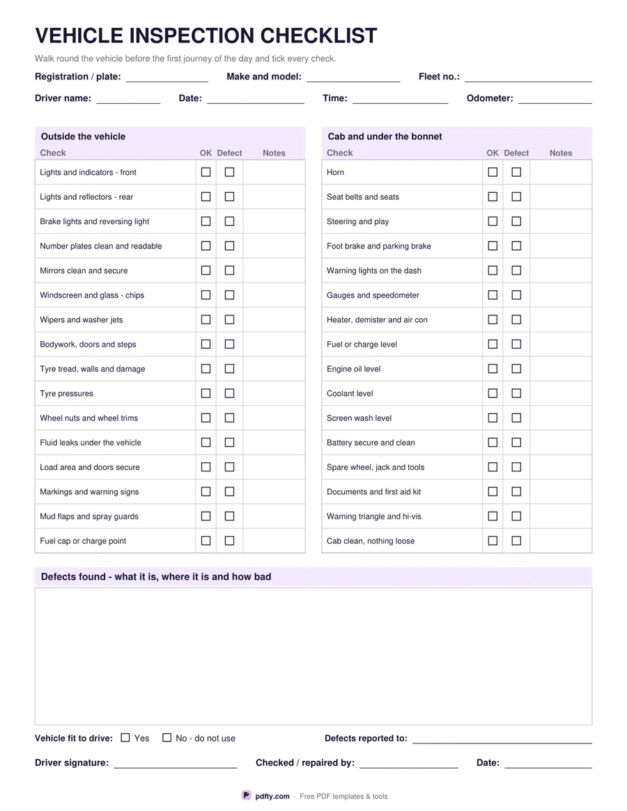 Printable vehicle inspection checklist with walk-round checks, defect notes and driver signature