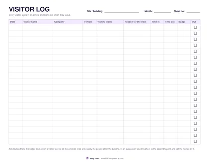 Printable visitor log sheet with name, company, host, times in and out and badge number
