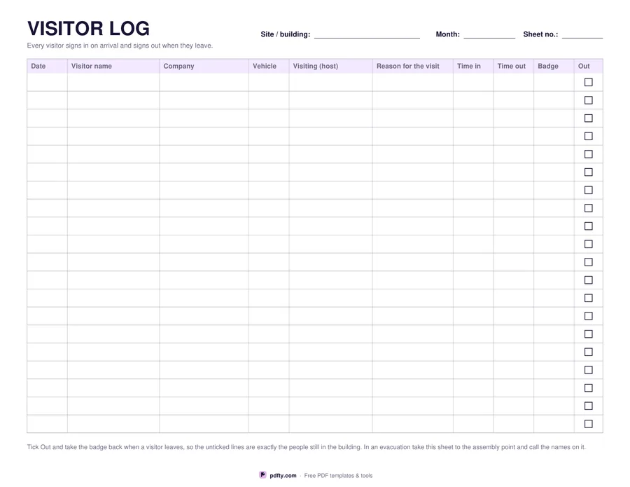 Printable visitor log sheet with name, company, host, times in and out and badge number