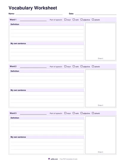 Printable vocabulary worksheet with definition, sentence and drawing box