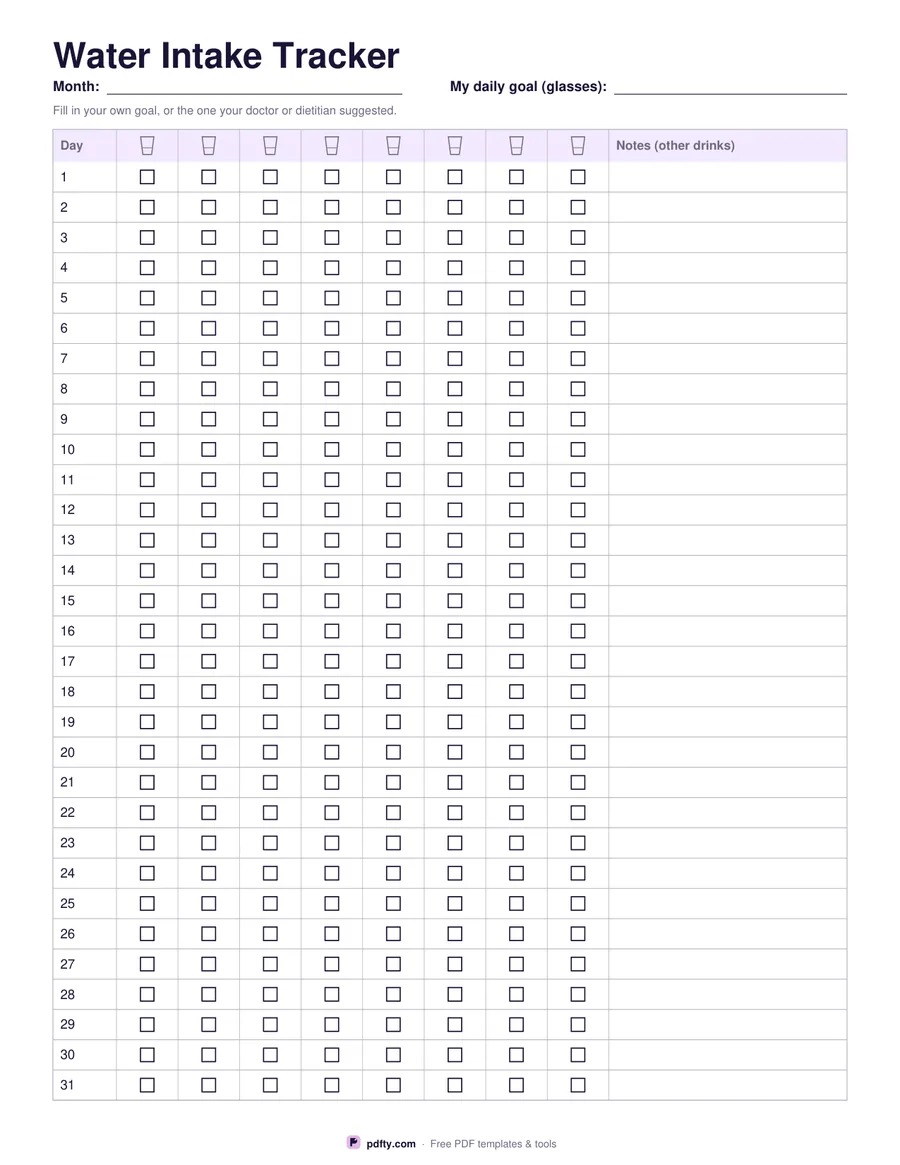 Printable water intake tracker with 31 days and eight glasses to tick each day