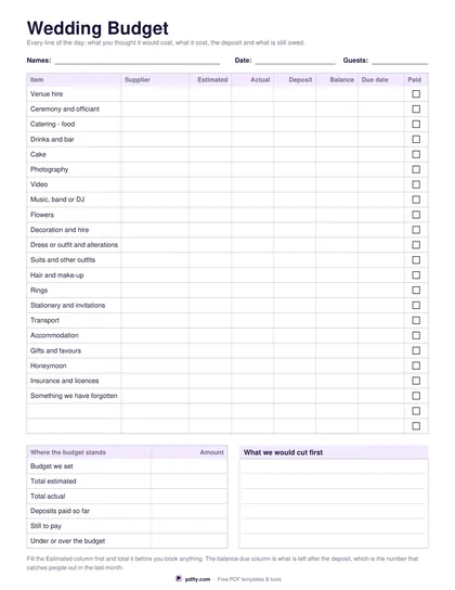 Printable wedding budget with estimated, actual, deposit paid and balance due columns