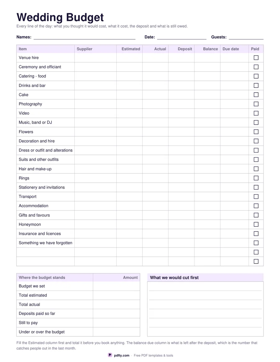 Printable wedding budget with estimated, actual, deposit paid and balance due columns