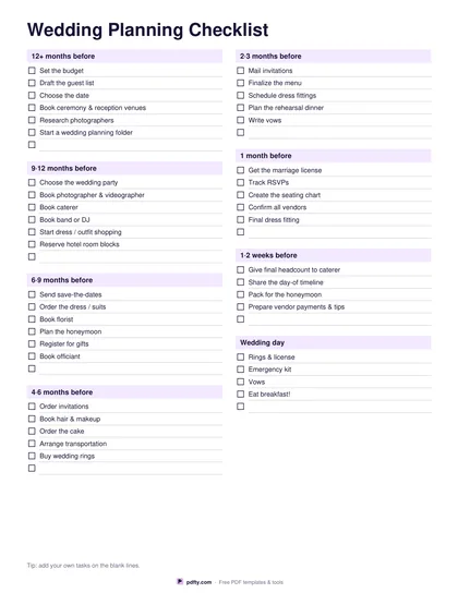 Printable wedding planning checklist timeline