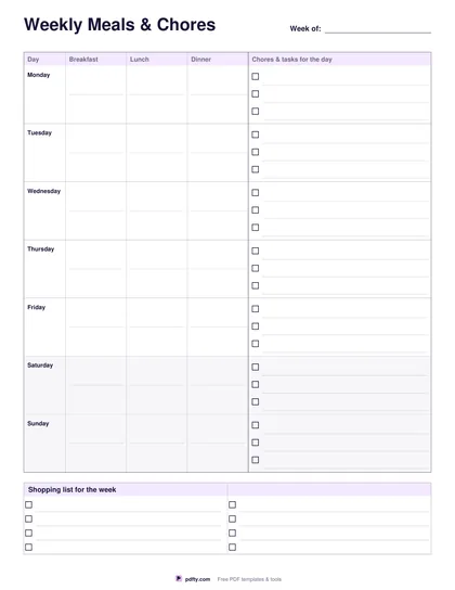 Printable weekly sheet with meals on the left half and chores on the right