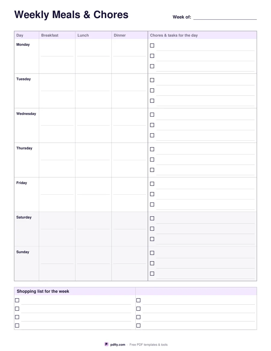 Printable weekly sheet with meals on the left half and chores on the right
