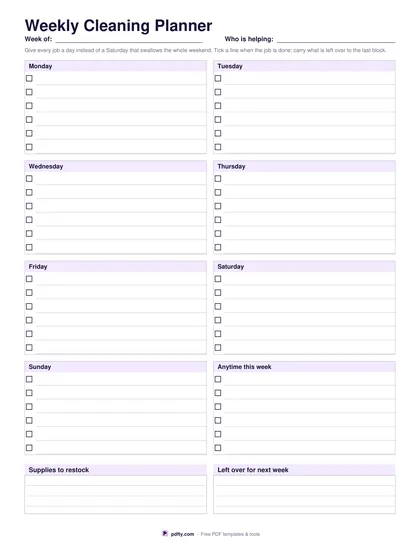 Printable weekly cleaning planner with a block of tasks for each day