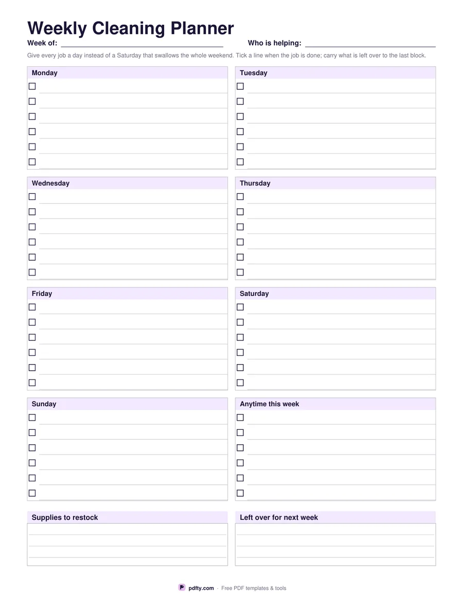 Printable weekly cleaning planner with a block of tasks for each day