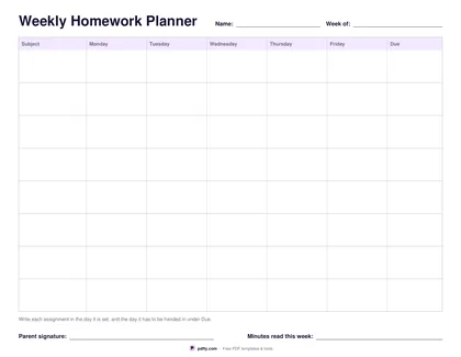 Printable weekly homework planner grid with subjects and days