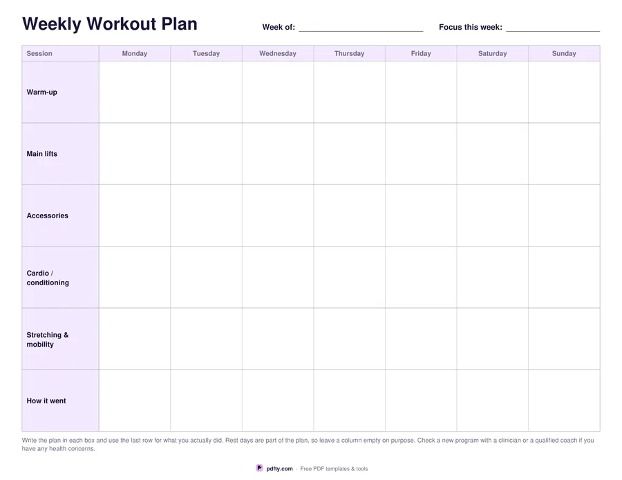 Printable weekly workout plan with seven day columns and rows for warm-up, lifts, cardio and stretching