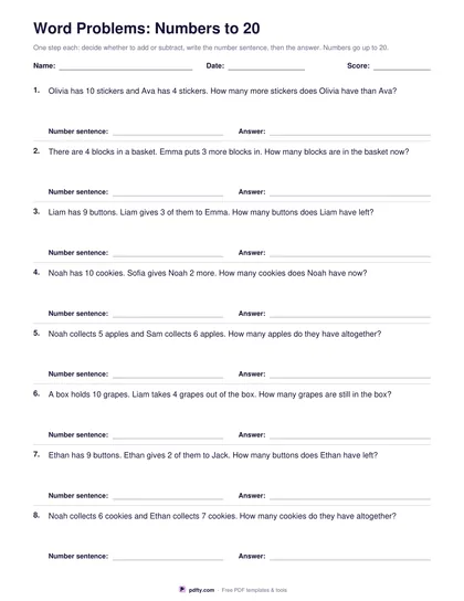 Printable math word problems worksheet with eight one-step questions