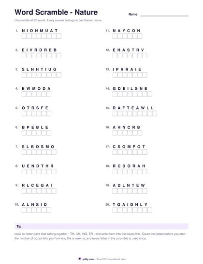 Printable word scramble sheet with twenty anagrams and letter boxes