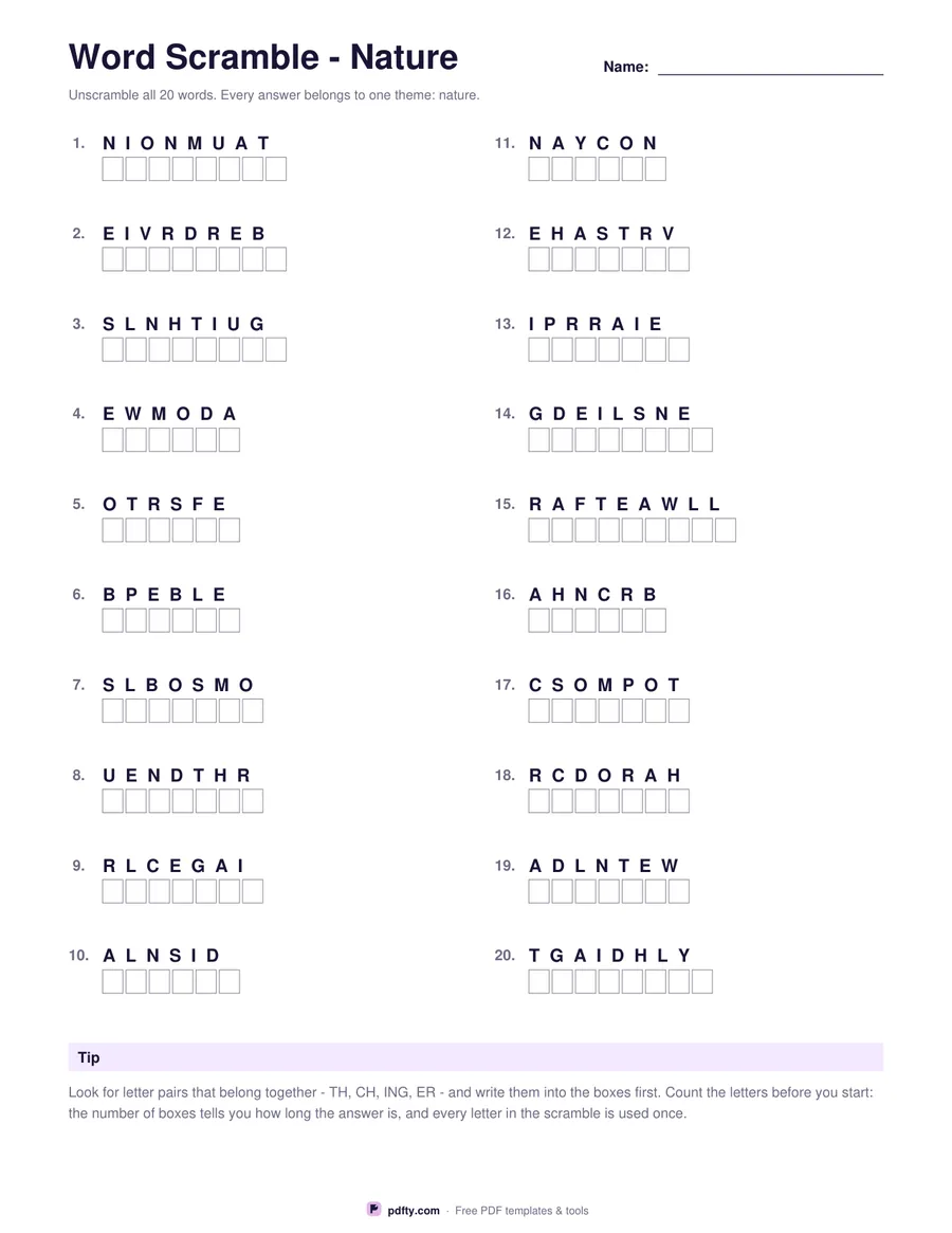 Printable word scramble sheet with twenty anagrams and letter boxes