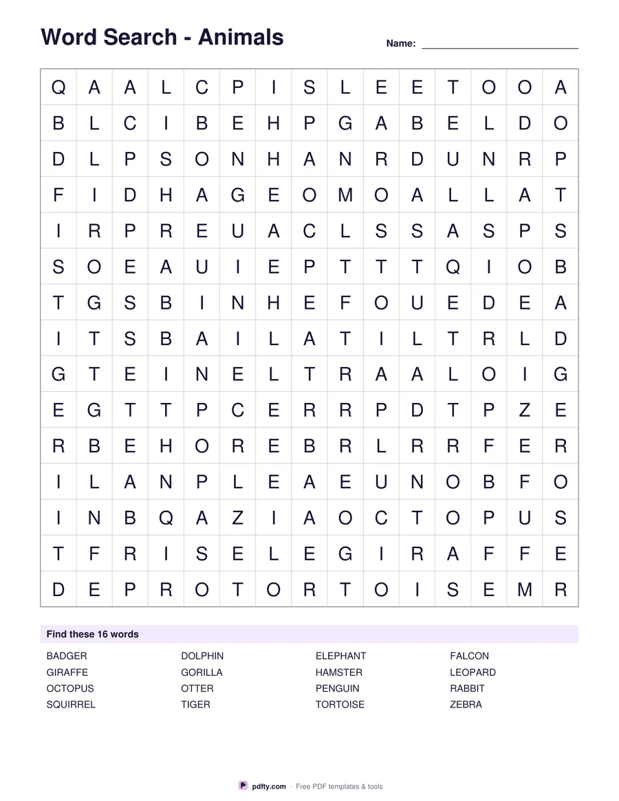 Printable word search puzzle with a 15 by 15 letter grid and a word list
