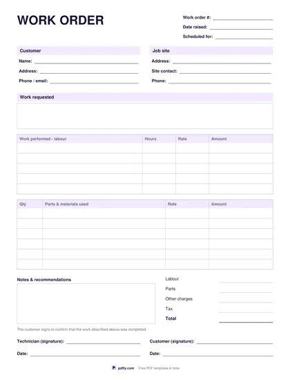 Free fillable work order form with labour, parts and signatures