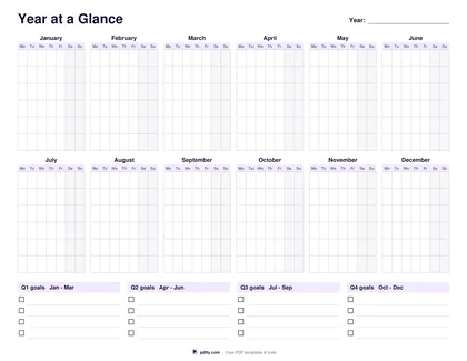 Printable year at a glance planner with twelve blank month grids and quarter goal panels